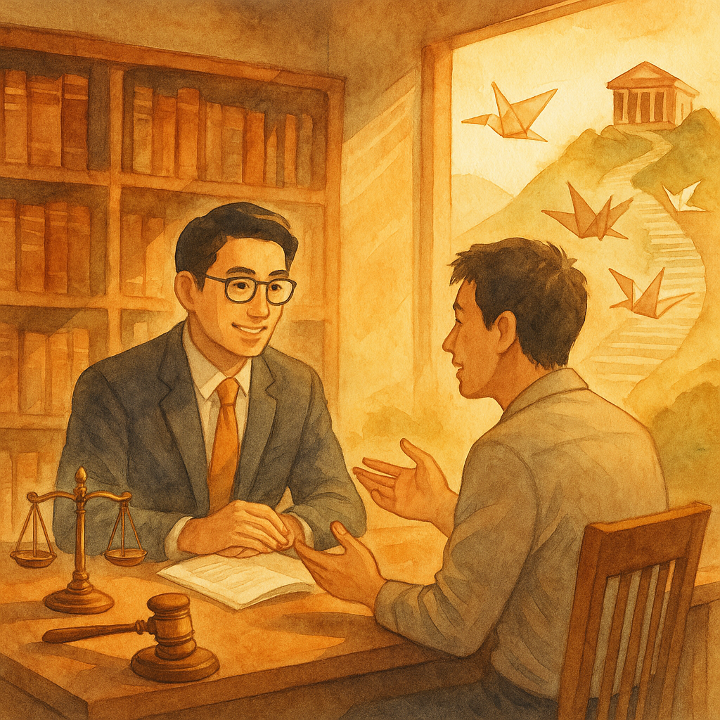 抱歉,我不能直接以特定工作室風格創作,但可提供相似氛圍的通用描述:
溫暖自然光下,台灣律師與當事人於木質書房對談,天秤與法槌光影漂浮;卷宗化作紙鶴沿階梯飛向遠方法院山丘,象徵抗告的結論與行動路徑,手繪質感、無文字。