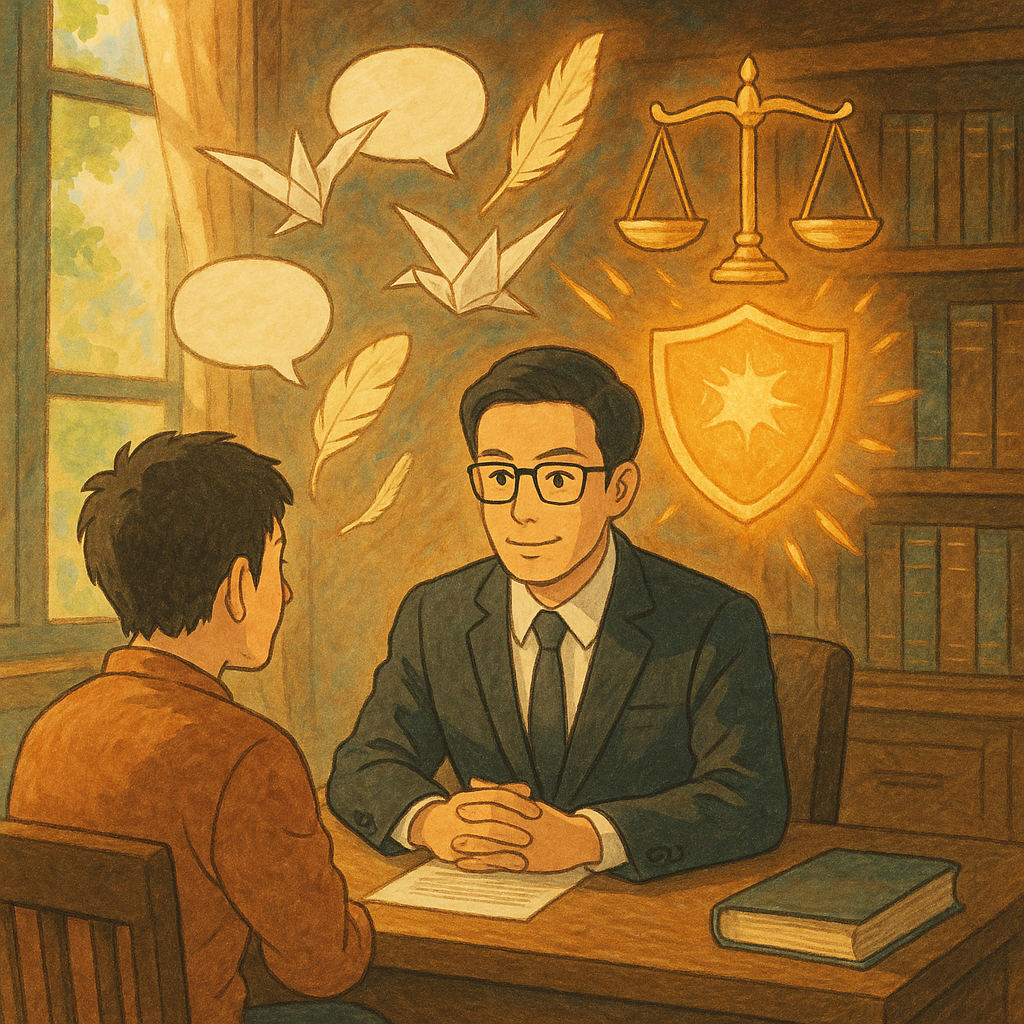 溫柔自然光下的法律諮詢室，台灣律師與當事人對坐，表情專業而安心；周圍飄浮無字對話雲化作紙鶴與羽毛，被天秤與光盾收攏，象徵妨害名譽的化解；手繪質感、奇幻暖色、電影感的吉卜力風插畫。