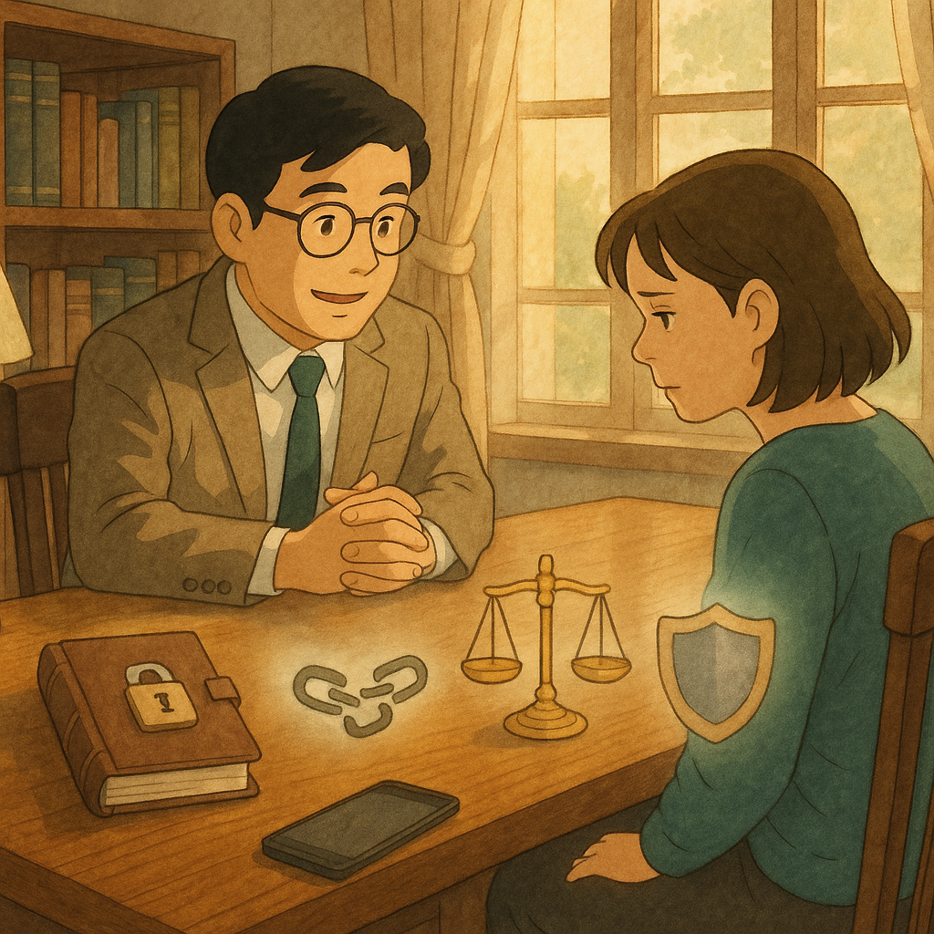 吉卜力風格高解析插畫：柔和晨光下，台灣律師與成年受害者在木質事務所溫暖對談。桌上浮現象徵化圖示：上鎖的相簿、破裂的鏈條、天秤與守護盾，手機畫面以朦朧光暈遮蔽。細膩手繪紋理，情感沉穩溫暖，畫面不含文字。