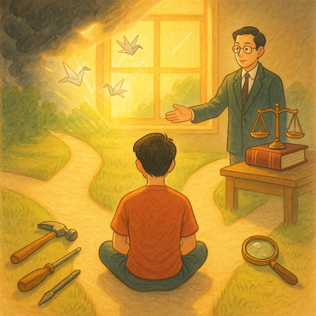 暖色自然光、手繪質感的吉卜力風高解析插畫：台灣當事人靜坐，前方分岔光路；一條伴隨工具與放大鏡象徵自行處理，另一條由溫和台灣律師引領，側有天秤與法典。窗外陰影的恐嚇氣團被光驅散，紙鶴飄舞，畫面無文字。