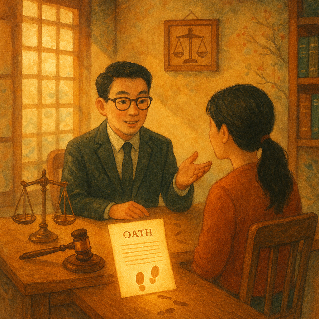 台灣人律師與當事人在溫暖魔幻、詩意童趣的和風事務所諮詢,柔和自然光、細膩手繪質感與電影感;天平、法槌、發光宣誓書與交錯足跡象徵偽證罪與行動建議。