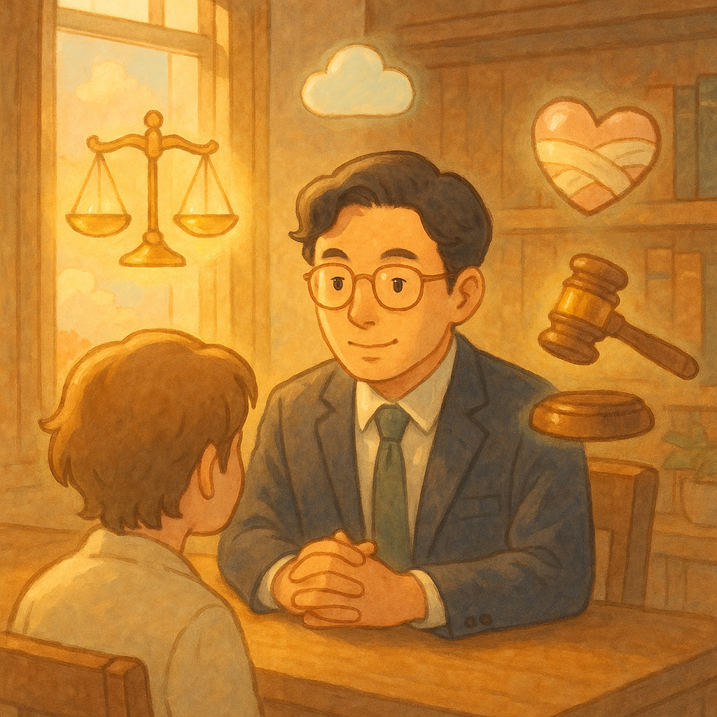 金色天光灑入木質事務所，台灣律師溫柔傾聽民眾；發光的天秤、法槌與綁著繃帶的透明心形在空中環繞，象徵精神賠償求償與諮詢；雲朵形圖示卡片輕晃呼應常見問題氛圍；無文字，柔色吉卜力風，手繪質感。