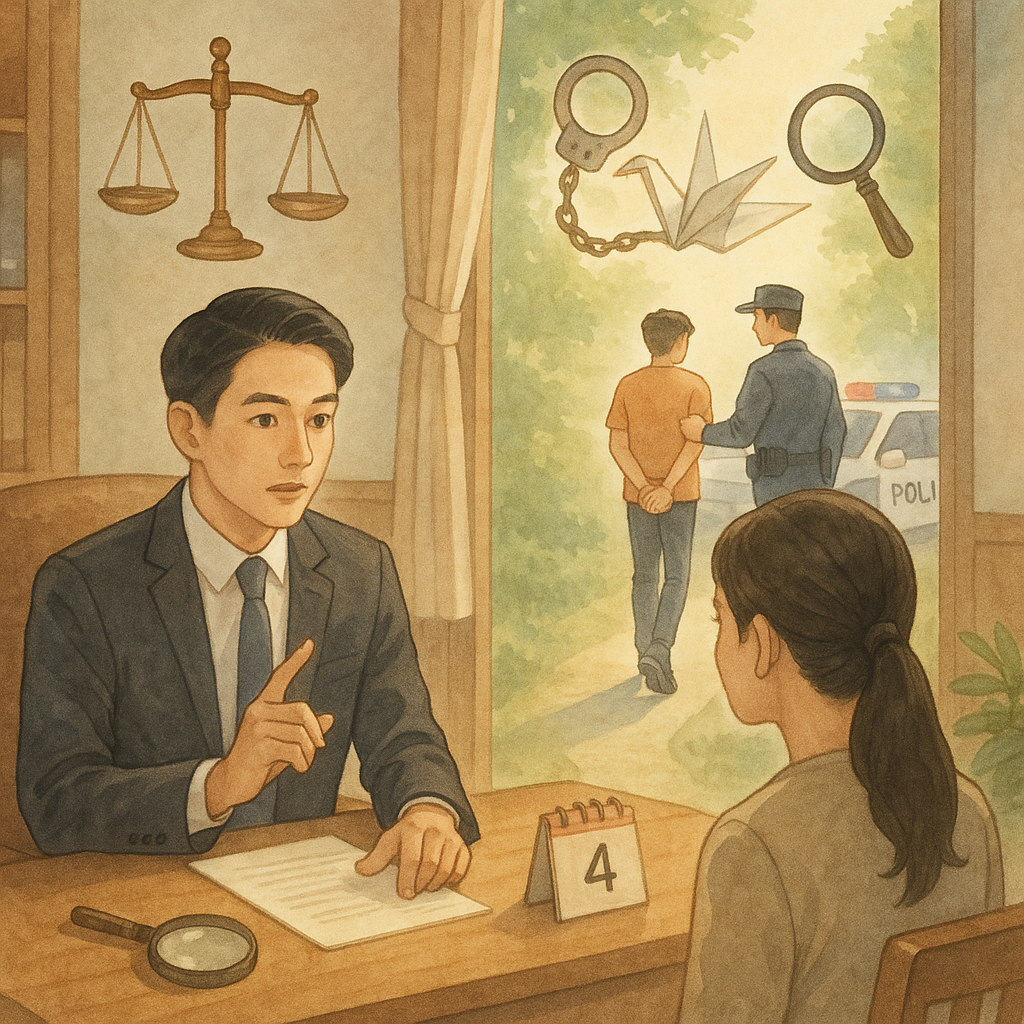 溫柔色調、自然光的手繪場景：台灣年輕車手被警方帶向警車，前景台灣律師在木質事務所向家屬諮詢指引。空中漂浮天秤、手銬化作紙鶴、通往光亮的路徑與日曆、放大鏡象徵，營造奇幻感與行動建議的方向。畫面不含文字。