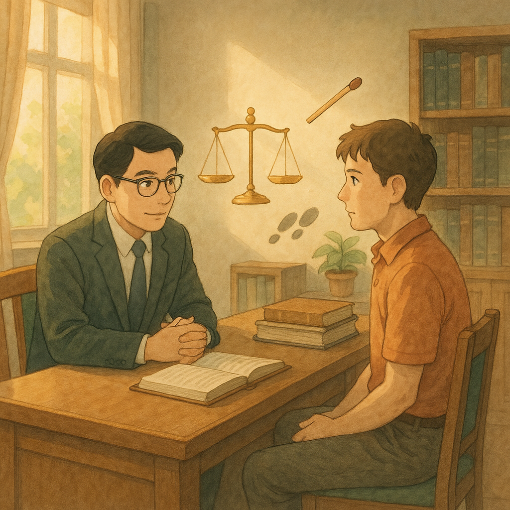 高解析度手繪質感與柔淡色調、吉卜力風格的溫暖律所：台灣律師與當事人對坐相談，表情細膩，柔和自然光灑落；桌邊漂浮半亮天秤、未點燃火柴與止步腳印，象徵未遂犯與結論的省思。