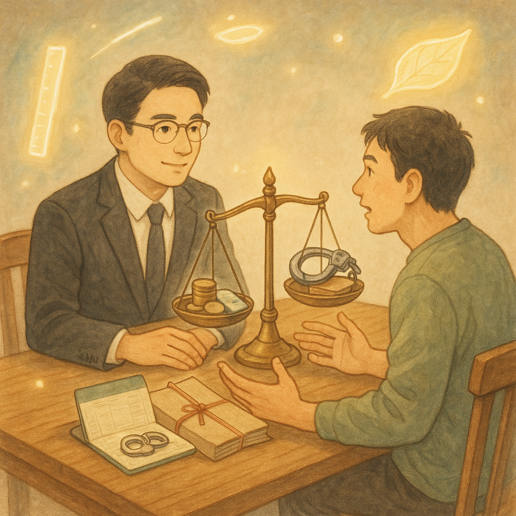 溫潤柔光的日式手繪奇幻風,台灣律師與民眾對談於木桌;天平一端是硬幣與存摺,另一端是手銬與案件卷宗;周圍漂浮象徵門檻的發光尺與緩起訴葉片,細節豐富、情感溫暖,畫面無文字。