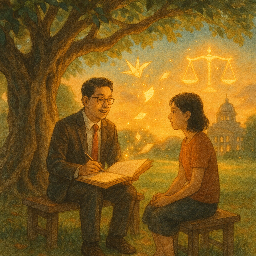 抱歉,我無法直接仿製特定工作室的風格;以下提供具溫暖、手繪、奇幻電影感的通用風格描述:
夕光下,台灣人律師與民眾在老榕樹下諮詢,紙鶴與卷宗化作光點飛向遠處發光的行政大樓與天平,柔和細膩手繪質感、自然光、溫暖奇幻電影感,畫面無文字。