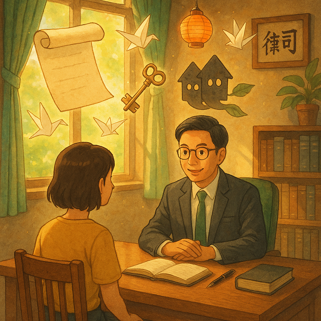 吉卜力風格的溫暖事務所內,台灣律師與民眾對坐,陽光灑落。桌上漂浮著無字契約卷、兩把交疊的鑰匙與雙影屋靈,象徵借名登記;天光中小燈籠與紙鶴環繞,傳遞常見疑問的指引感,手繪質感細膩、現實與奇幻平衡。