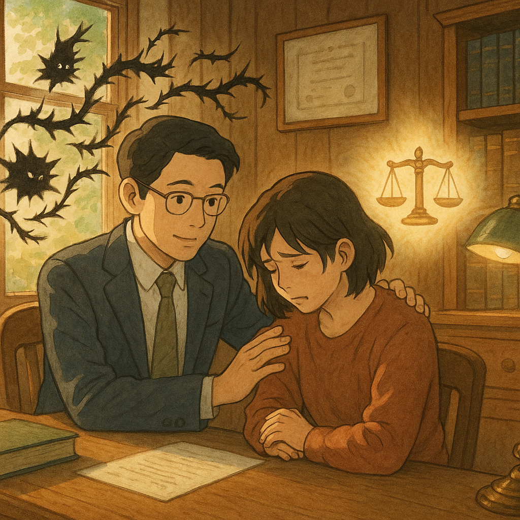 吉卜力風格溫柔光影的電影感中，台灣律師在木質辦公室安撫當事人；窗外小精靈般的黑色刺語化作荊棘飄入，被天秤與盾形光芒溫柔淨化；手繪質感、自然色調，細節豐富無文字，傳達公然侮辱與法律諮詢的暖心解方。