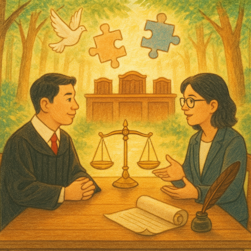溫暖手繪風的法律諮商場景：台灣人檢察官與辯護律師在陽光灑落的木桌前協商，桌上天秤、羽筆與卷軸微光流轉；遠處法庭融入和煦森林，鴿子與飄浮拼圖暗示認罪協商的取捨與和解，全畫無文字。