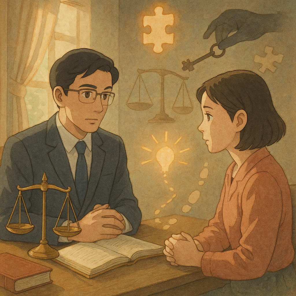 吉卜力風高解析插畫：台灣律師與當事人在溫暖自然光下、柔和色調的畫面中諮詢，表情專業細膩，手繪質感。天秤、發光線索與相連足跡象徵幫助犯，陰影遞鑰匙與拼圖漂浮，魔幻卻寫實、畫面無文字。