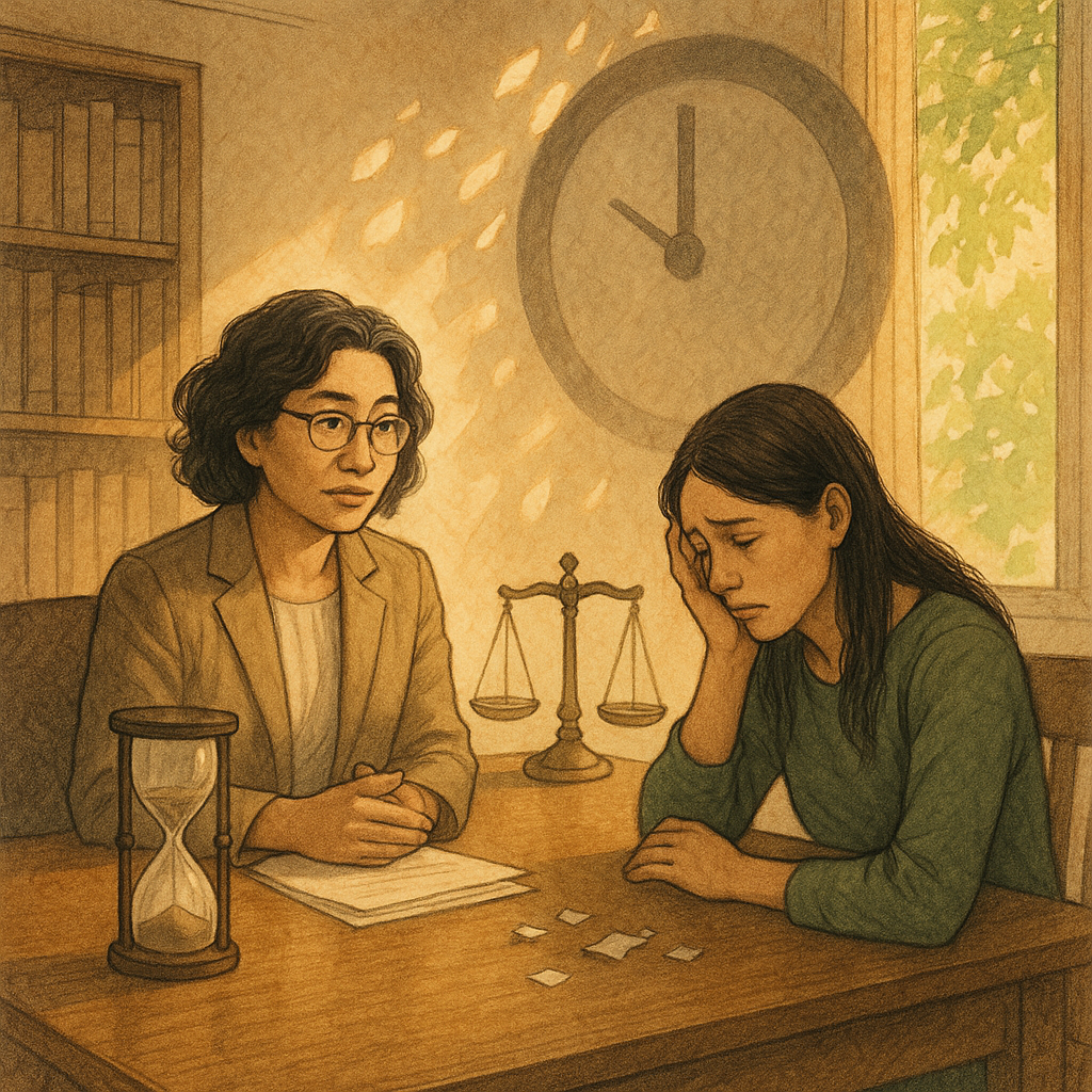 抱歉,我無法直接模仿特定在世工作室的風格;以下提供具相近特質的圖像描述:
高解析度手繪插畫:溫暖自然光中,兩位台灣人在律師事務所對談;律師與受暴者表情細膩,桌上沙漏與散落小紙屑化為巨影與時鐘幽靈,天平與樹葉光斑象徵法律援助與希望,無文字。