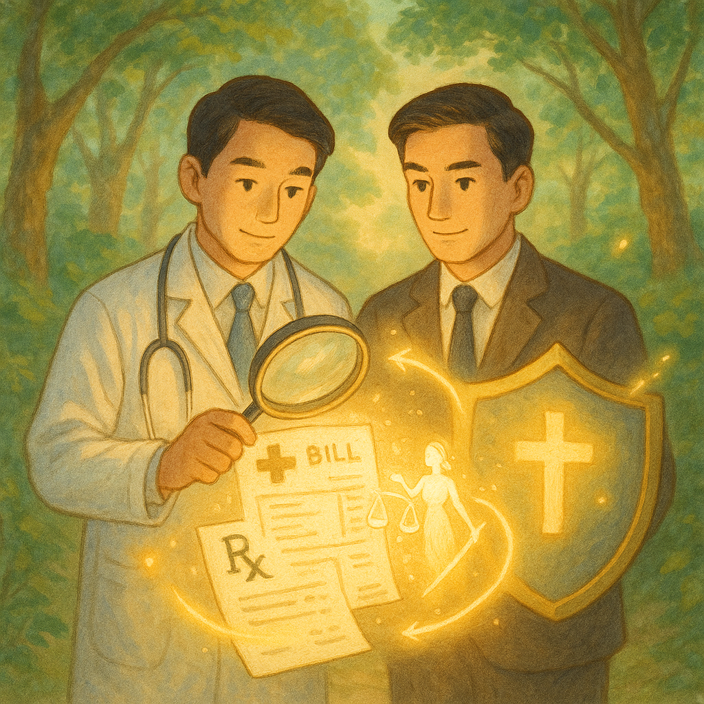 柔光下,台灣醫師與律師並肩守護患者,放大神鏡照向醫療帳單與處方,天平與盾牌化作發光精靈環繞,指向通往光亮的小徑,林間微風與吉卜力般手繪質感溫暖夢幻,畫面無文字。