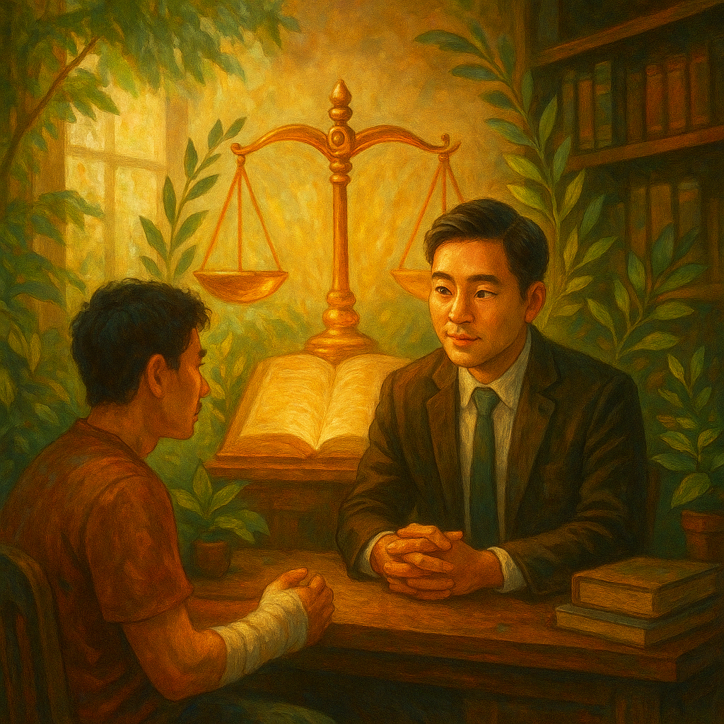 抱歉，我無法直接仿特定品牌風格；以下是相近特質的描述。
高解析度、溫暖奇幻、手繪質感且具電影感的場景：台灣律師在綠意盎然的事務所，關懷地聆聽手臂纏繃帶的台灣當事人；柔光灑落，象徵金色天秤、發光卷宗與橄欖葉環繞，傳達一般傷害諮詢與療癒的結論氛圍，畫面無文字。