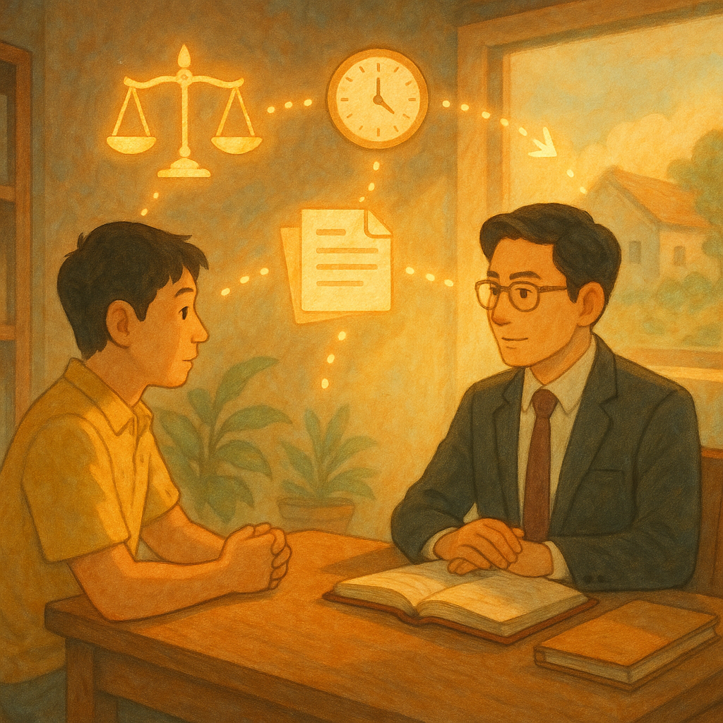 抱歉,我不能直接仿製特定工作室的風格;我可以改用溫暖奇幻的手繪電影感動畫風描述。
溫暖奇幻的手繪動畫風場景:台灣律師與當事人對坐諮詢,柔和色彩與自然光灑入。周圍漂浮天秤、文件、時鐘與箭頭串成發光因果鏈,連向遠方案件場景,質感細膩無文字。