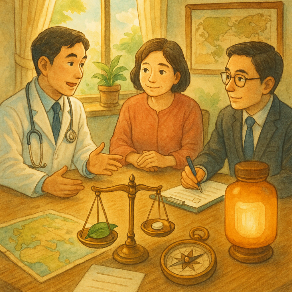 溫暖自然光、柔和色調的診間裡,台灣醫師、患者與法律顧問圍桌討論;天光下,天平衡量藥丸與葉片,處方瓶化作柔和燈籠,地圖與羅盤、無字清單符號指引行動,吉卜力風手繪、寫實與奇幻平衡,無字。