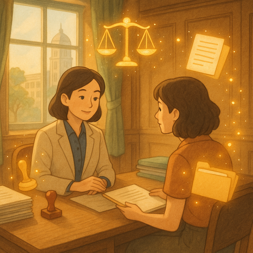 溫暖奇幻的手繪動畫風、柔和色調、高解析。台灣行政官與民眾在木質辦公室諮詢，柔光灑落。窗外市政大樓與樹影若隱若現。天秤、公文、印章與流動的檔案夾化作光點環繞，象徵案例與爭議的評估與平衡；無文字元素。