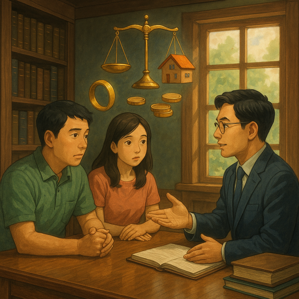 吉卜力風高解析插畫,電影感構圖:台灣夫妻在溫暖木質律所與台灣專業律師諮詢,柔和自然光映照。空中魔幻漂浮天平、房屋、戒指與金幣等符號,象徵剩餘財產分配;手繪細膩、寫實與幻想平衡、無文字。