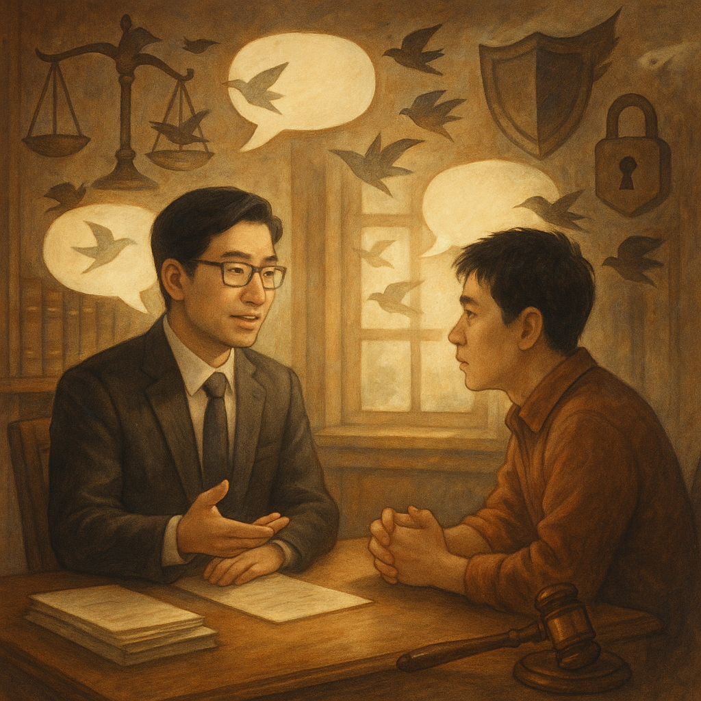 柔光下的高解析度手繪場景：台灣人律師與當事人在木質事務所相談，周圍無字對話框化作鳥影，天秤、盾牌、鎖與法槌環繞，象徵妨害名譽諮詢；自然光、柔和色彩與細膩筆觸，溫暖奇幻且具電影感。