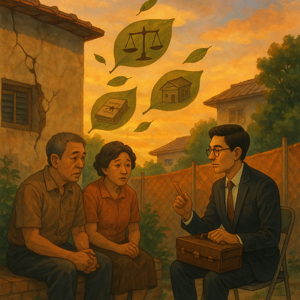 吉卜力風、電影感高解析插畫：黃昏自然光下，兩戶台灣鄰居與專業台灣律師於巷弄庭院協商，裂牆與施工圍籬象徵鄰損；漂浮葉片化作天秤、卷宗與小屋圖示，柔和手繪質感，溫暖魔幻且無文字。