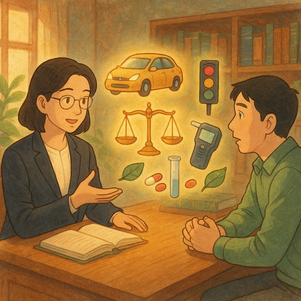 溫暖自然光下的木質事務所內，台灣律師與駕駛溝通；桌上漂浮縮小發光車輛、正義天秤、交通號誌、呼氣檢測器、試管與藥丸、葉片等象徵。柔和色彩與手繪紋理營造吉卜力式奇幻、沉浸的法律諮詢場景，無文字。