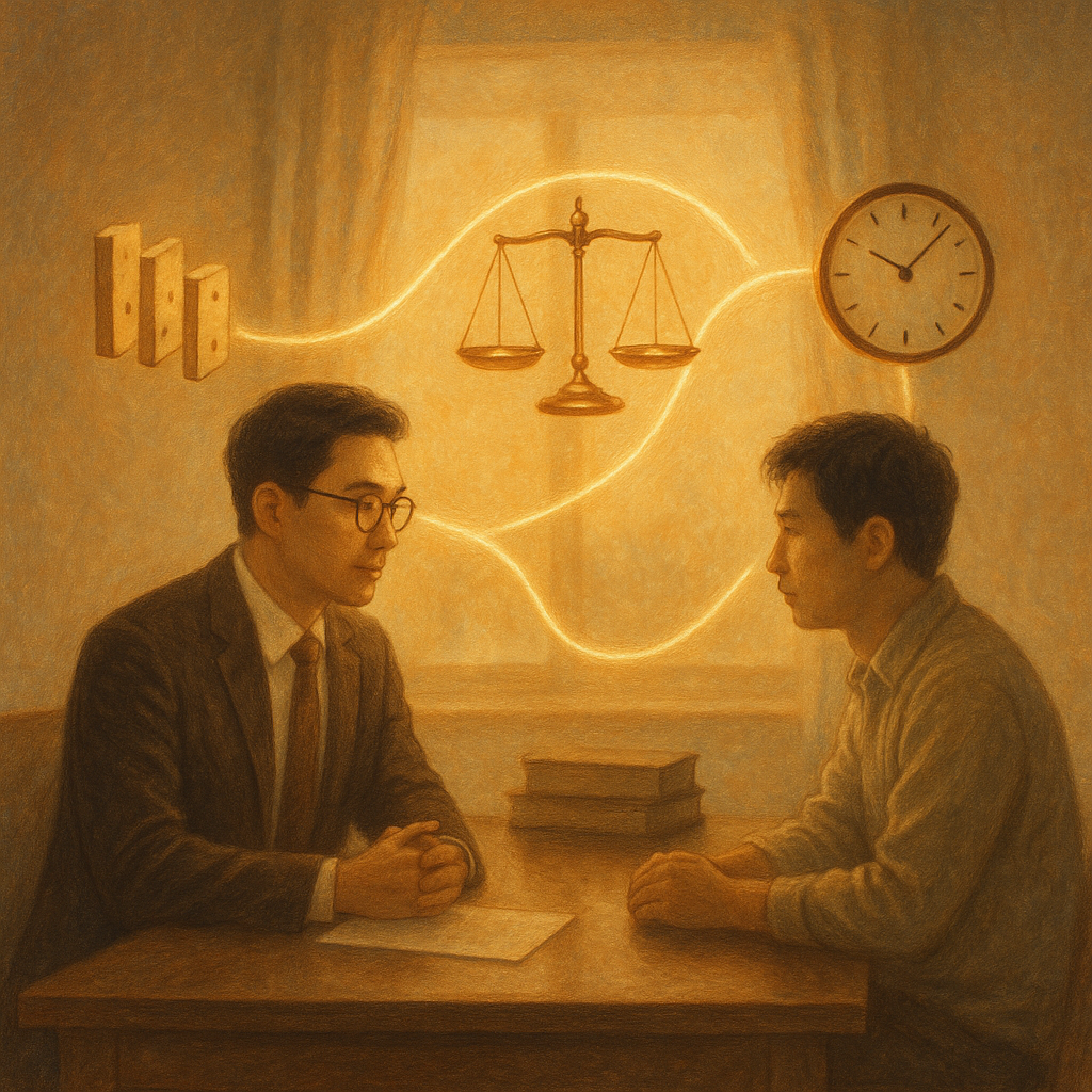 溫暖自然光下，台灣律師與當事人對坐，漂浮的發光線索連接多米諾、天秤與時鐘，象徵因果關係匯聚成結論，高解析、柔和色彩與手繪紋理，奇幻詩意、電影感。畫面無文字。