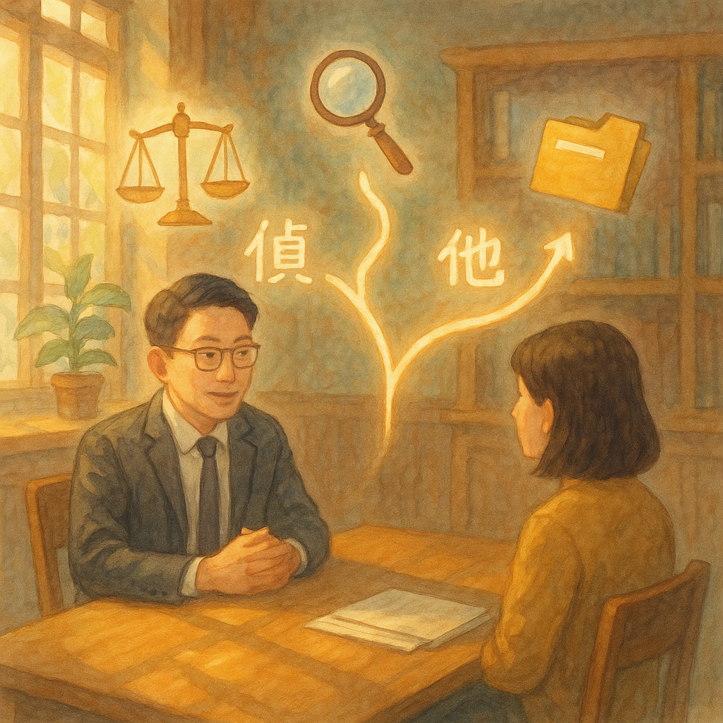 溫暖木質事務所中，台灣律師與當事人圍桌討論，陽光灑落。桌上兩條發光分岔路徑象徵偵字案與他字案，天秤、放大鏡與文件夾漂浮，化作流動的風險控管流程圖示。手繪質感、柔色自然光，吉卜力式奇幻氛圍，專業溫暖。