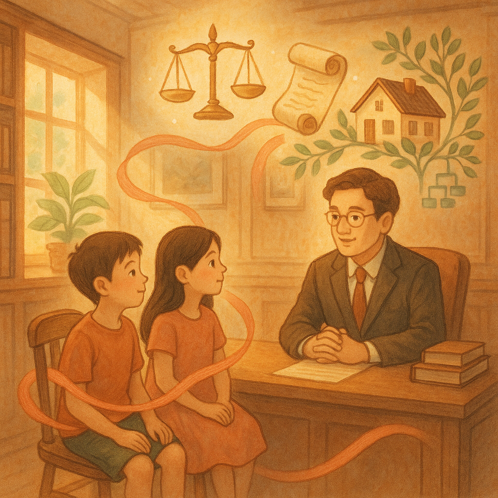 溫暖奇幻的手繪場景：台灣兄妹與律師在木質辦公室諮詢，陽光灑入。空中漂浮天平、遺囑卷軸、家屋與家譜枝葉，柔光絲帶連結兄妹，象徵特留分與三則判決要點；柔和色調與自然光、細膩筆觸，情感真摯，畫面無文字。