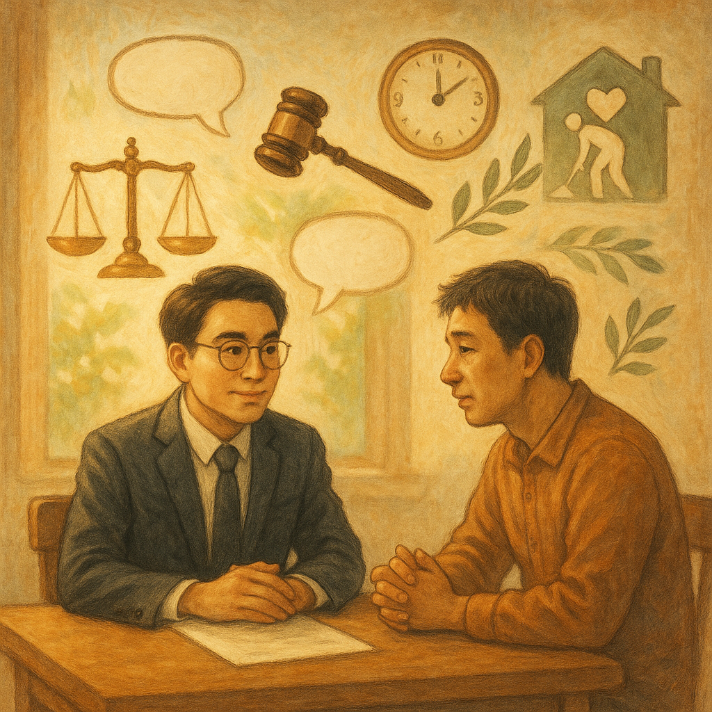 溫暖自然光下，台灣律師與當事人在木桌諮詢，柔和色彩、手繪質感、表情細緻。周圍漂浮天平、法槌、時鐘與清單、橄欖枝與社區服務圖像與無字對話氣泡，象徵緩刑條件；無文字，奇幻、沉浸氛圍，寫實與幻想平衡。