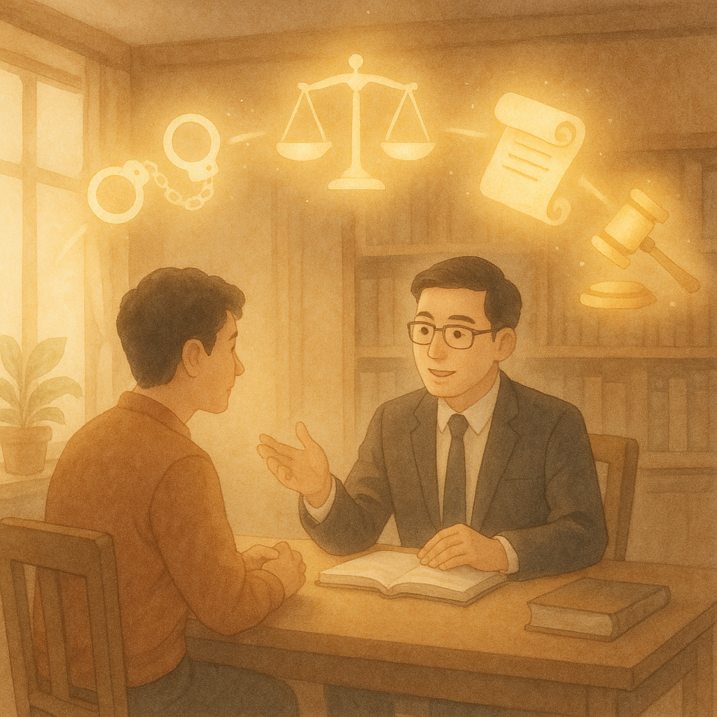 暖陽灑入木質事務所，台灣律師與當事人面對面討論；柔和色調的細膩手繪動畫感中，漂浮的天平、手銬、令狀卷軸與法槌化為柔光圖像，連成流程弧線，象徵拘提之實務影響，氛圍溫潤奇幻、無文字。