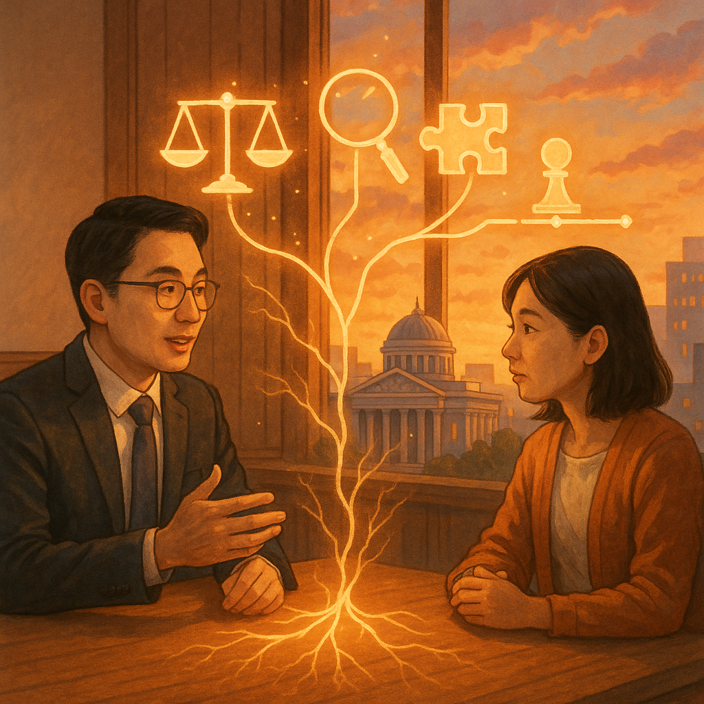 黃昏下，台灣律師與當事人於溫暖木質會議室對談；桌面漂浮發光線索串連案件圖示（天秤、放大鏡、拼圖、棋子、時間軸），化作枝根延伸至法院與城市場景，柔和色彩、自然光與手繪質感營造溫暖奇幻、敘事感。