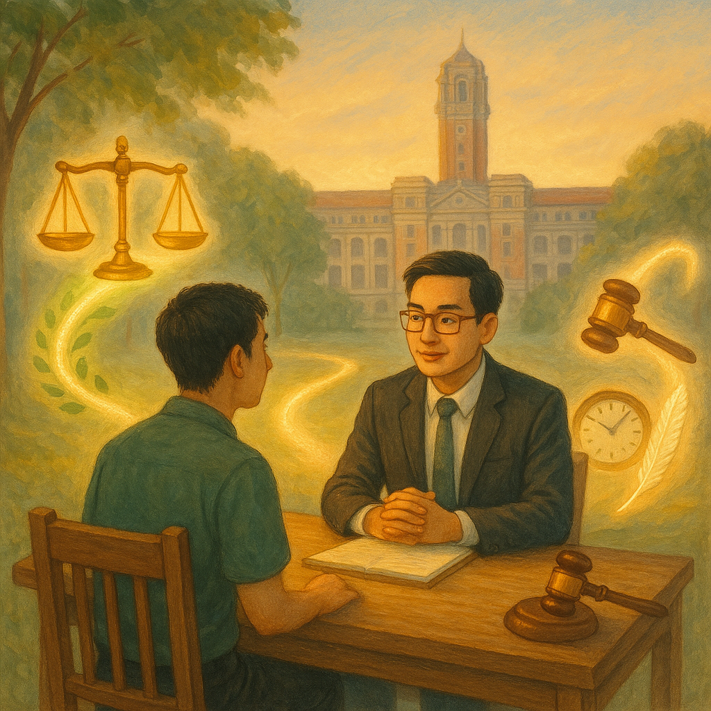 晨光柔暖、手繪質感的奇幻電影場景:台灣律師與當事人坐於木桌諮詢,桌旁天秤與法槌漂浮。兩條發光小徑延伸:一條綠葉環繞象徵勒戒,另一條時鐘與羽毛象徵緩起訴;市政大樓遠景,氛圍安定。