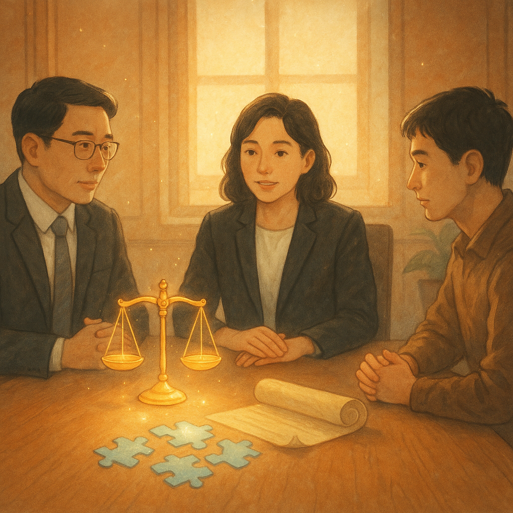 暖色自然光灑入木質會議室,兩位台灣律師與當事人圍桌協商,表情專業而溫和;桌上浮現發光天秤、卷軸與拼圖碎片緩緩拼合,象徵認罪協商與行動建議。柔和手繪質感、微微魔幻光粒,場景沉浸而細緻,無文字。
