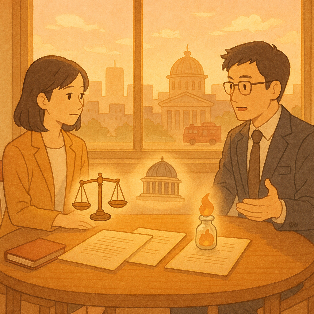 溫暖奇幻、柔和色調與自然光的日系手繪動畫風，兩位台灣法律專業人士在木桌諮詢；桌上檔案化為漂浮的天秤、法院圓頂與微小受控火焰玻璃瓶，遠景城市與消防車剪影映襯案件實務、案例與爭議，畫面無文字。