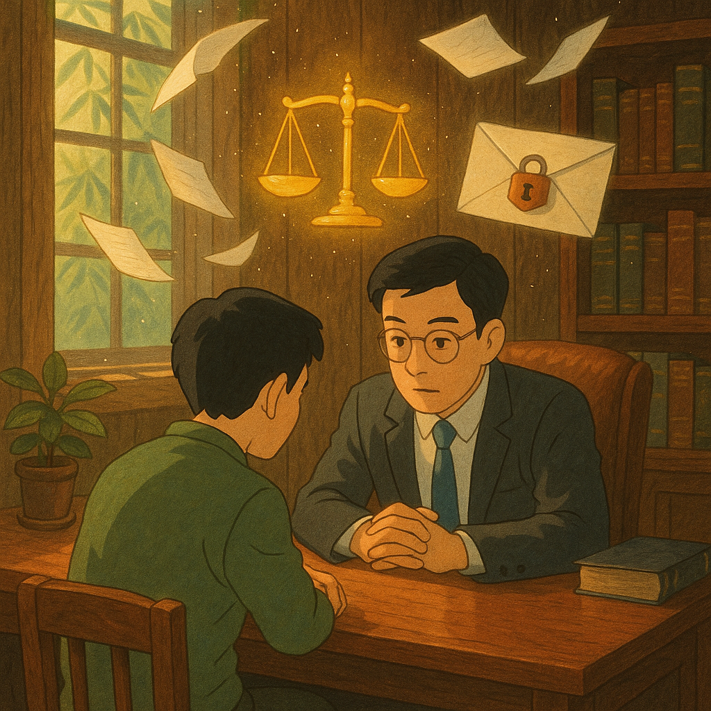 吉卜力風高解析插畫：溫暖木質事務所裡，台灣人律師與民眾低聲諮詢；發光天秤、上鎖信封與漂浮紙張環繞，竹影與微塵如星，暗示洩密罪與保密界線，手繪紋理、自然光無字。