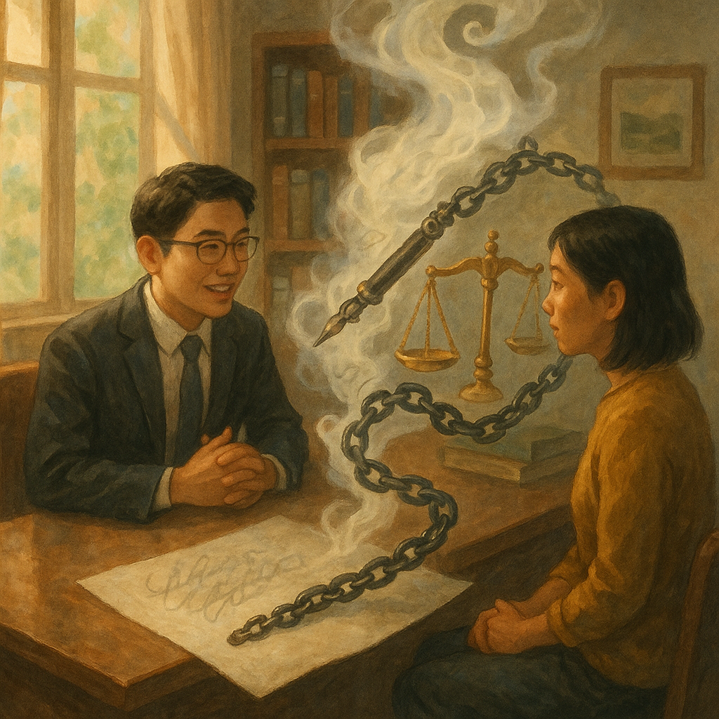 柔和色彩與自然光的手繪奇幻、具電影感的插畫：臺灣律師與當事人於溫暖律所對談，紙張上朦朧重疊的簽名化作煙霧飄散，鋼筆幻為鎖鏈與天秤環繞，象徵偽造文書風險與行動建議的指引；人物為台灣人，畫面無文字。