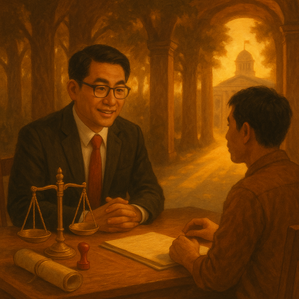 抱歉,我無法直接以特定工作室的風格創作,但可提供相似氛圍的描述:
暖色夕光下,台灣律師與民眾在木桌諮詢,桌上卷宗、印章與天秤閃亮;遠處政府建築化作柔和光路,引導穿越樹影門廊,象徵行政救濟的正義與希望。