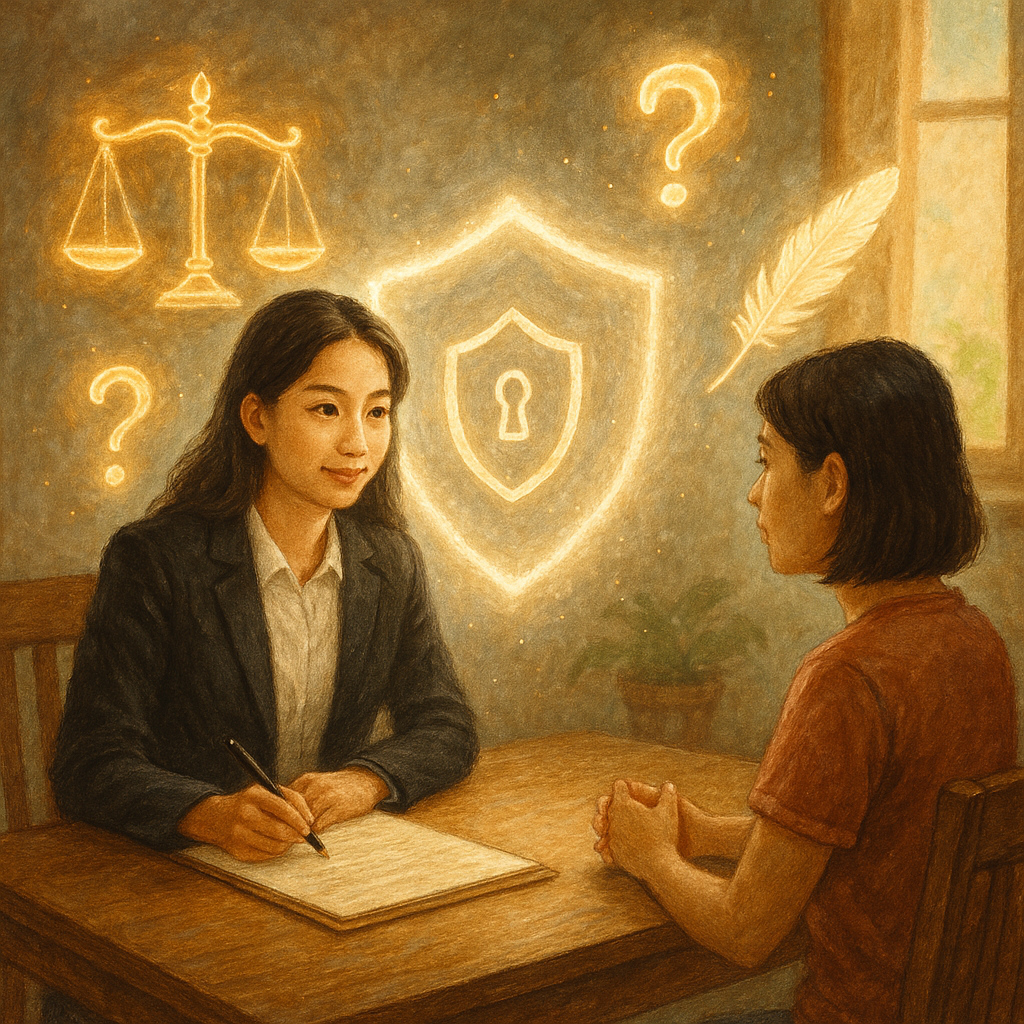 溫暖自然光中,台灣女律師與台灣當事人在木桌諮詢,兩人間浮現柔光邊界與鎖形護盾,象徵界線與保護;發光天秤、羽毛與化作光球的疑惑環繞,手繪質感與魔幻寫實氛圍展現關懷與法律指引。