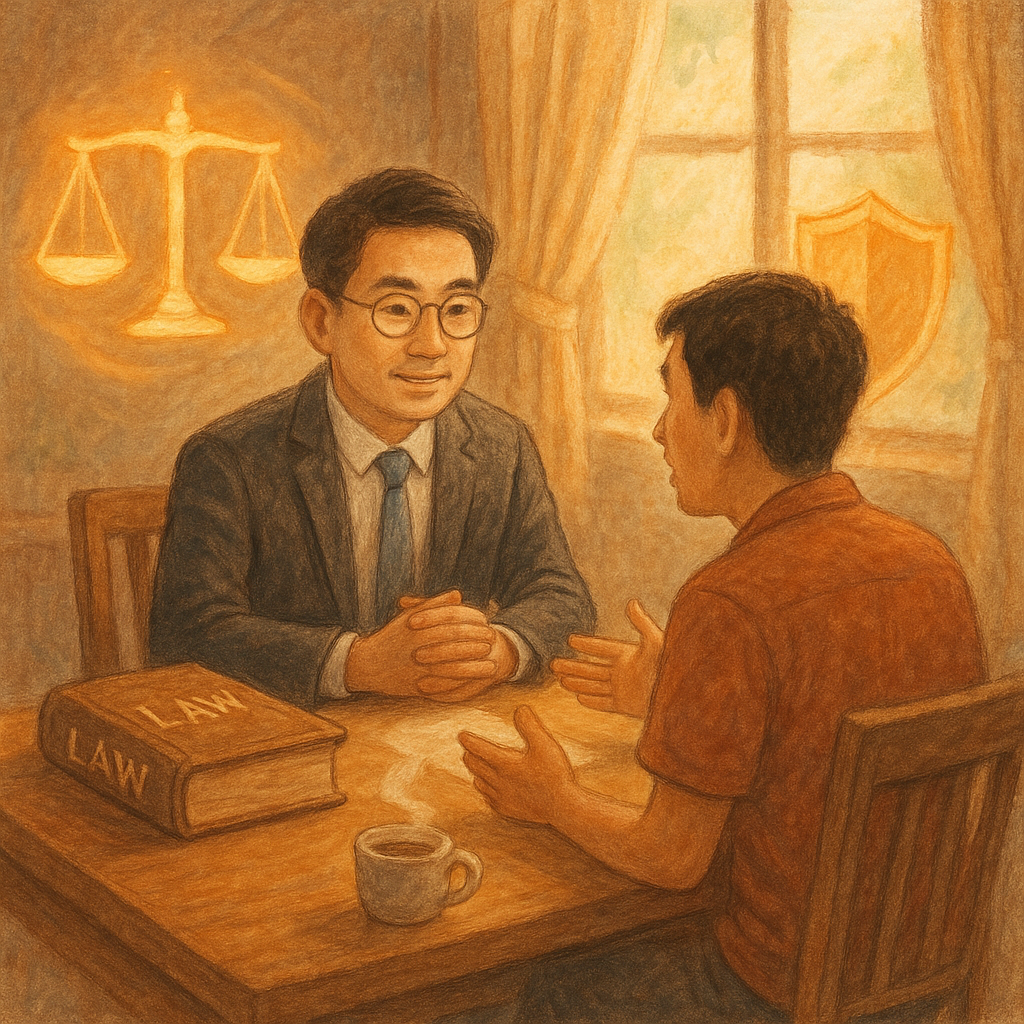 溫暖手繪奇幻場景：台灣律師與民眾在木桌對談，柔光灑入。天平與盾牌化作漂浮光影環繞，法典與茶蒸氣微動，象徵正當防衛與行動建議，細膩自然筆觸、無文字。