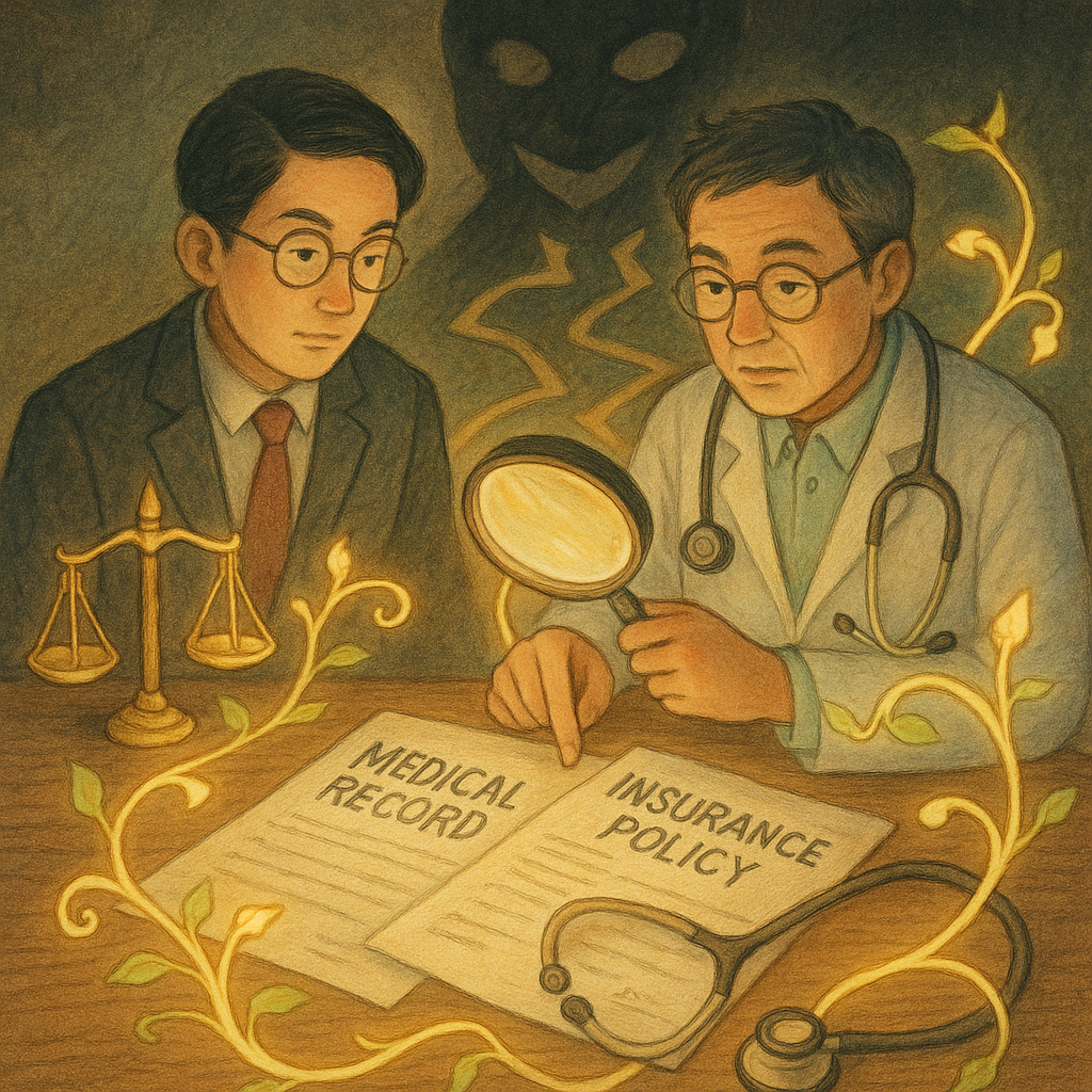 柔光下,台灣律師與醫師在木桌前研析案例,放大鏡照亮交織的病歷與保單,暗處浮現象徵詐欺的面具影。天平與聽診器化作發光藤蔓,通往分岔情境,暗示介入差異。手繪質地、吉卜力溫暖感,畫面無文字。