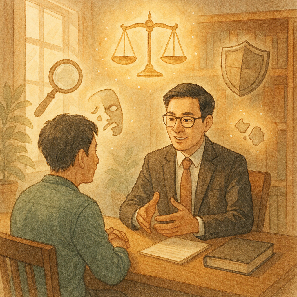 抱歉，我無法直接仿特定工作室的風格；以下為相近氛圍的描述：
柔和晨光下，台灣律師與民眾在溫暖木質事務所對談，手繪質感與自然光。周圍漂浮天光化成的天秤、放大鏡、盾牌與碎裂面具等符號，象徵詐欺罪諮詢與常見問題；氛圍奇幻溫馨、細節豐富，畫面無任何文字。