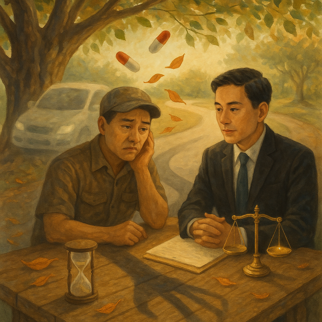 溫暖柔和自然光下，兩位台灣人（律師與駕駛）在榕樹下的手繪木桌諮詢，一憂慮一沉穩。旁側幽靈般汽車影與漂浮藥丸化作落葉，沙漏陰影延伸覆蓋彎路，天平微亮如螢火，暗示毒駕與藥駕的法律爭議與延誤惡化。