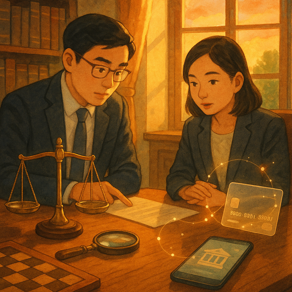 吉卜力般溫潤童話質感中，夕陽灑進手繪律師事務所，兩位台灣專業人士表情專注正討論案例；桌上天秤、放大鏡與棋盤象徵策略，半透明銀行卡與手機映出疊影帳戶，漂浮光點串起資金流動，整體溫暖、自然光、無文字。