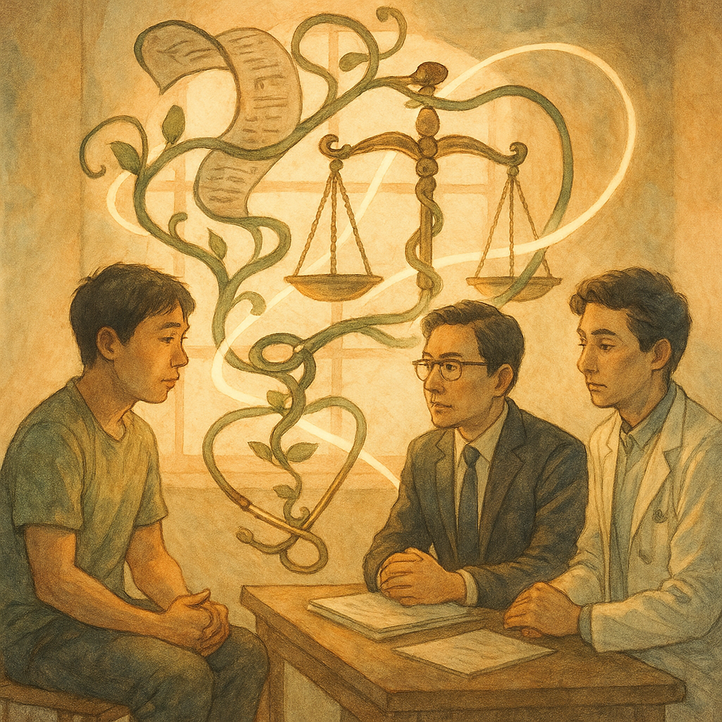 溫暖自然光下,台灣人病患與律師對坐,醫師在旁聆聽,表情細膩;巨大的醫療帳單化作藤蔓盤繞成天平,聽診器化為光帶;手繪質感、柔色、電影感奇幻,暗示過度醫療與法律諮詢的張力,畫面無文字。