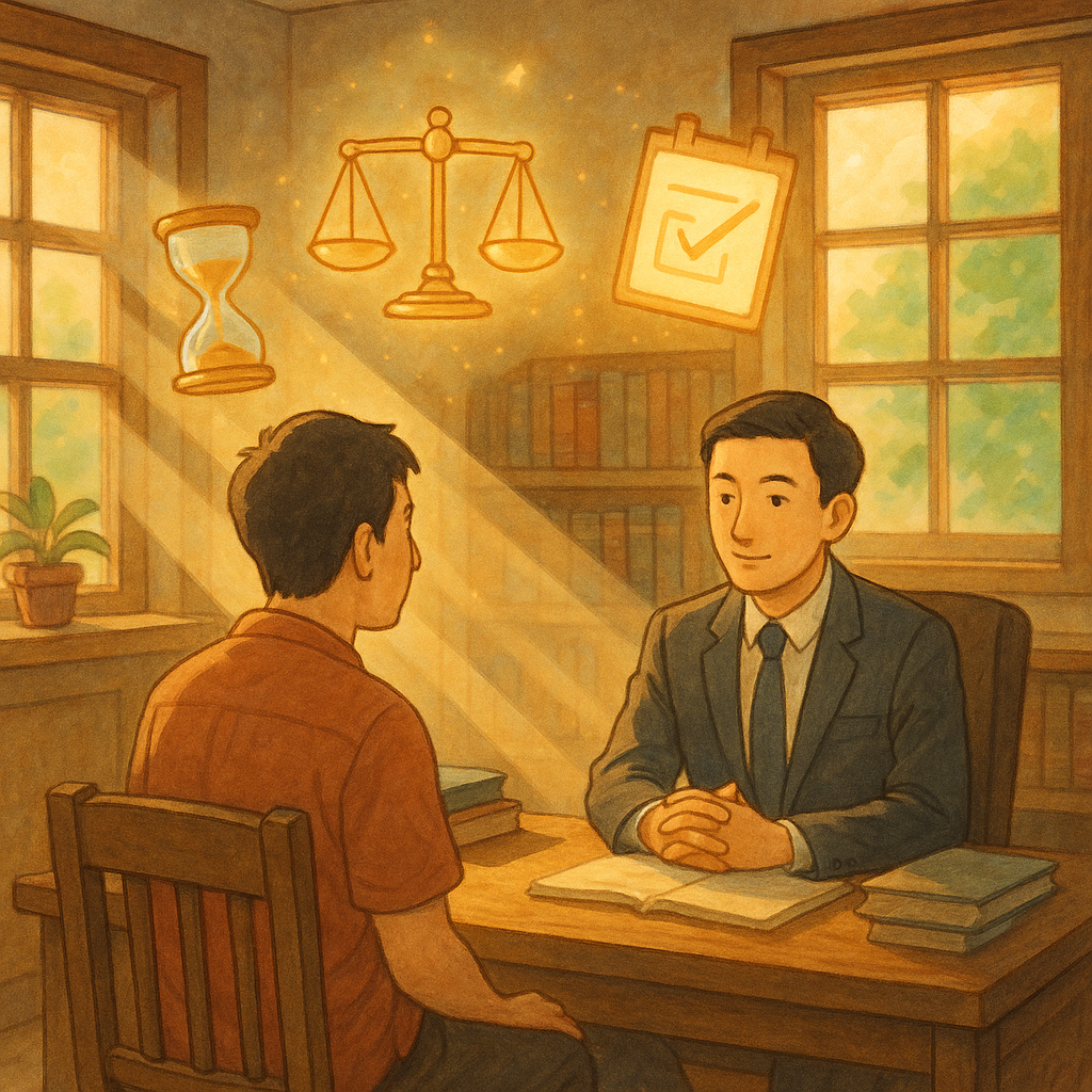 溫暖日系手繪動畫風：陽光灑落木質事務所，台灣人律師與民眾對談；天光中漂浮天秤、沙漏、發光勾選清單與日曆、腳鐐化作羽毛，象徵緩刑條件與守法；柔和色彩、高解析手繪質感、自然光影、奇幻電影感、無文字。