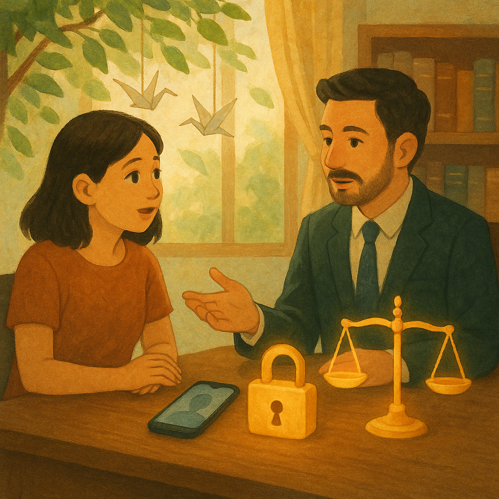 抱歉，我無法直接模仿特定工作室的風格；以下提供相近的溫暖、奇幻、手繪質感插畫描述。
溫暖自然光的手繪律師事務所內，一位台灣女性與律師對談；桌上手機顯示被朦朧遮蔽的影像，旁有發光的鎖與天秤象徵保護與正義；窗外微風拂動綠葉與紙鶴，營造魔幻而沉靜的行動呼籲氛圍。