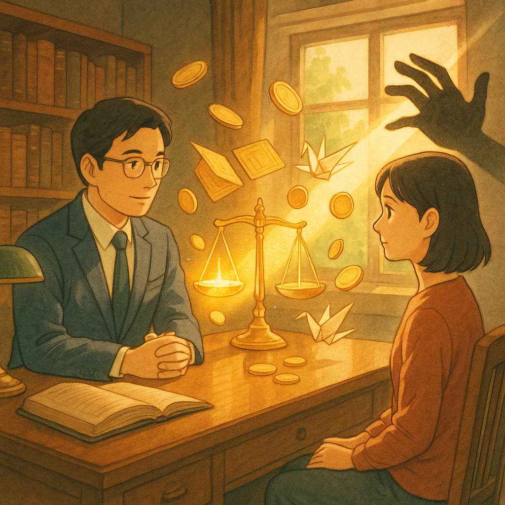 吉卜力風高畫質插畫：溫暖自然光下，台灣律師與客戶在木質書房諮詢；發光天秤、帳冊化作金色錢幣與紙鶴環繞，暗影之手被光束制止，象徵業務侵占與結論定調，手繪質感柔和，畫面無文字。