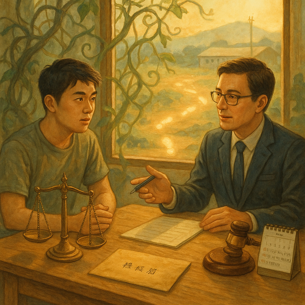 溫暖自然光下，台灣年輕人與律師在木桌前諮詢，桌上有天秤、法槌、無字徵兵信封與日曆；窗外營區方向的發光腳印穿越纏繞藤蔓，象徵妨害兵役與行動指引，柔和色調、細膩手繪與奇幻電影感。