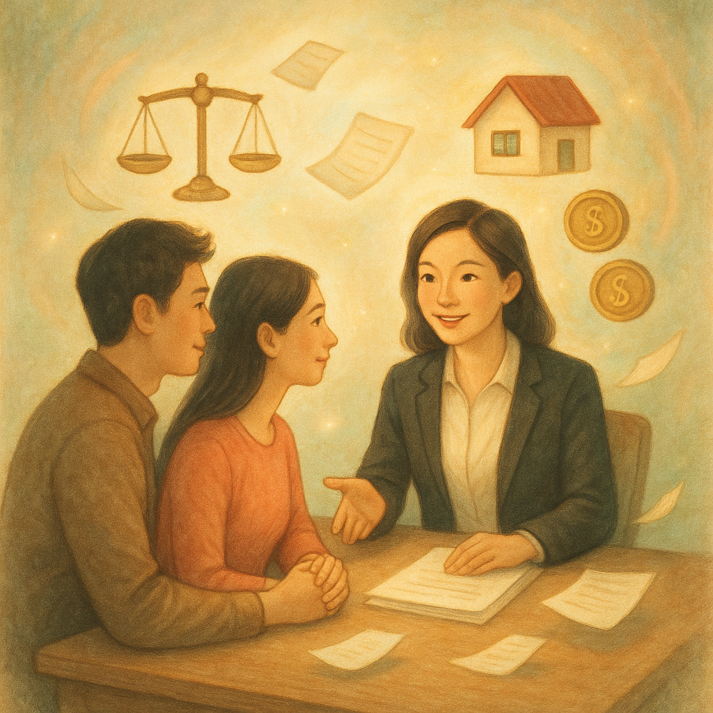 高解析度溫潤手繪風：台灣夫妻在台灣律師諮詢桌前，柔光灑落。天秤、房屋與硬幣化作漂浮圖標環繞，文件如葉片輕旋。人物表情專業溫暖，色調柔和，帶微微魔幻光暈與自然質感，營造安心的財產分配情境。