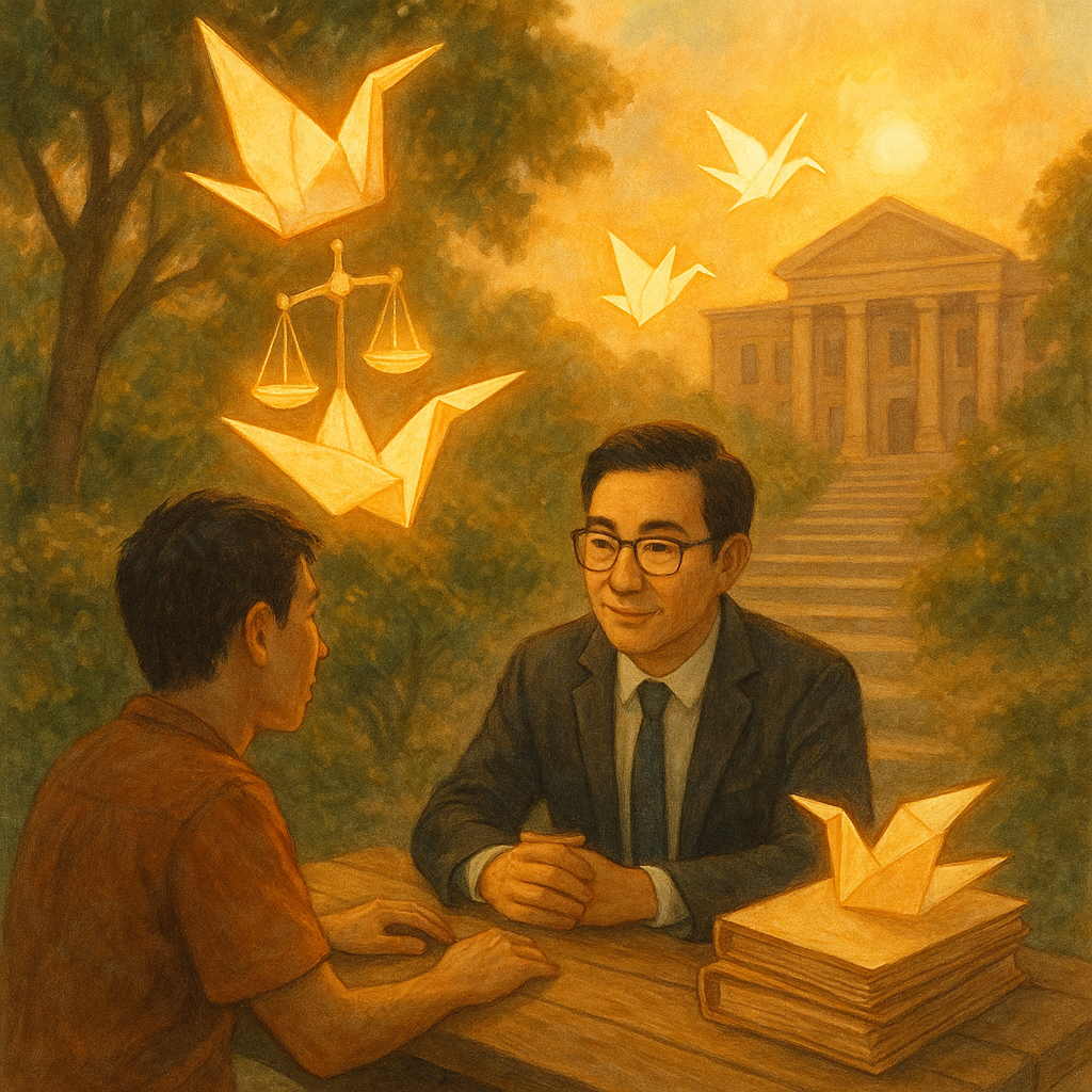 溫潤手繪光影下,台灣人律師與民眾在戶外木桌諮詢;天平、卷宗化作發光紙鶴,沿石階飛向陽光中的政府建築,象徵行政救濟的結論與行動;細節豐富、魔幻寫實,畫面無文字。