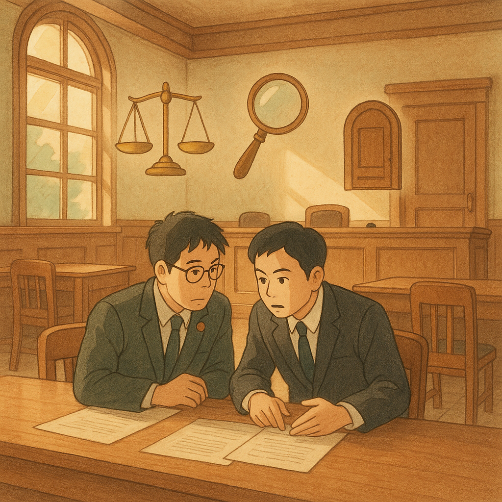 吉卜力風的偵查庭，手繪質感、柔和色調；溫暖日光灑入木質室內，台灣人檢察官與律師在長桌前低聲討論；天平、放大鏡與封閉的門化作飄浮符號，象徵案例研究、被拒救濟與爭點分岔，無文字。